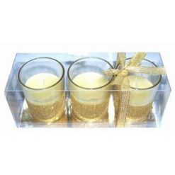 Set de 3 lumanari galbene cu decor auriu
